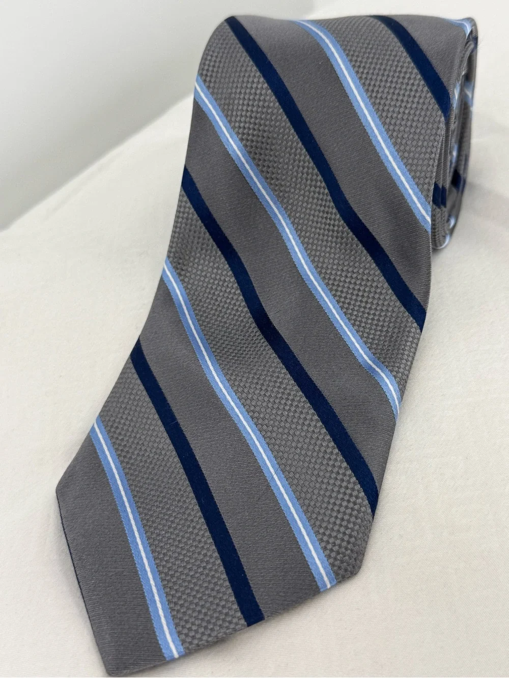 Stafford Gray Tie with Navy and Light Blue Stripes